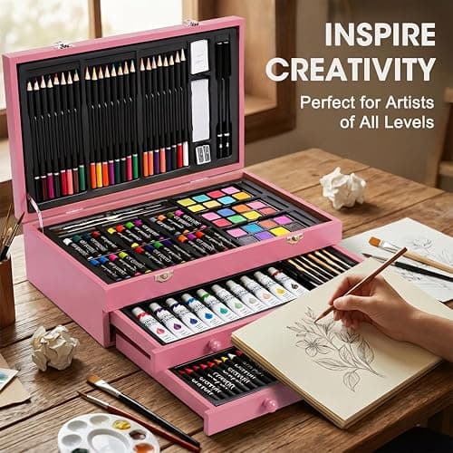 175-Pack Deluxe Wooden Art Set Drawing Painting Kit with 2 Drawing Pads, Acrylic Paints, Colored Pencils, Crayons, Paint Brush, Art Kit in Wooden Case, Gift for Artist, Adults, Teens and Kids thumbnail 6