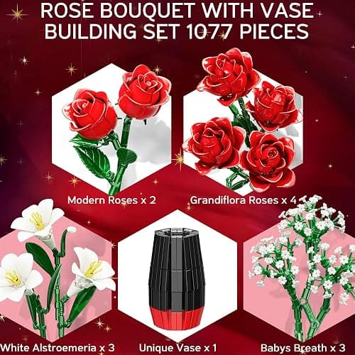 Roses Flower Bouquet Building Blocks Set with Vase, Women Men Teen Girls Gifts for Christmas, 1077PCS Botanical Collection Artificial Flowers Birthday Gifts for Her Him Wife Husband Mom Grandma Adults thumbnail 4