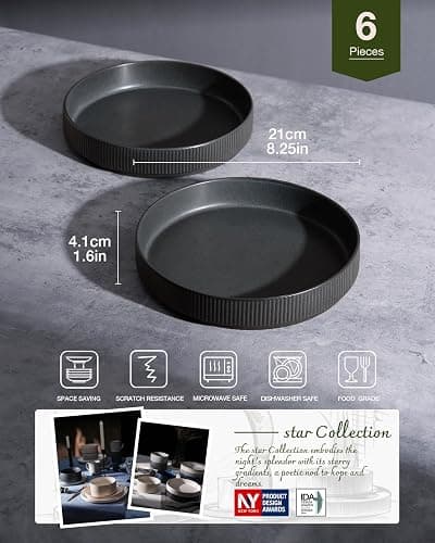 Richmount Star Stoneware Pasta Bowls Set of 6, Salad/Cereal/Soup Bowl 8.25in/21cm, Reactive Glaze Bowl for All Pasta Dishes, Microwave and Dishwasher Safe, Serving Bowls Set of 6, Matte DarkCharcoal thumbnail 2