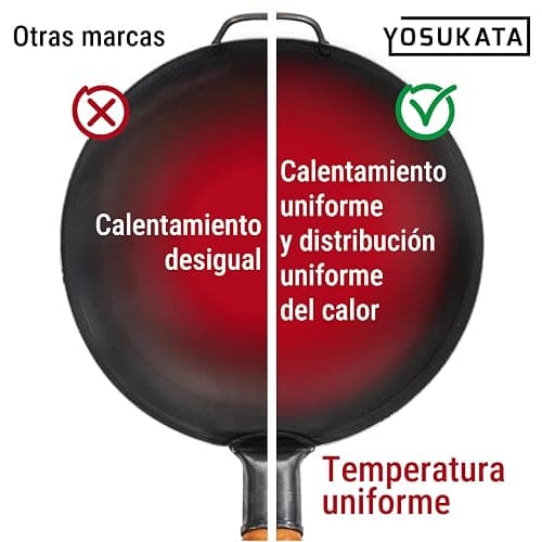 YOSUKATA Sarten Wok de Acero al Carbono 34 cm - Pre-sazonado Wok Fundo Plano - Wok Induccion Tradicional - Sin Сobertura Química - Compatible Con Cocinas de Gas, Inducción, Eléctricas y Fuego Abierto thumbnail 6