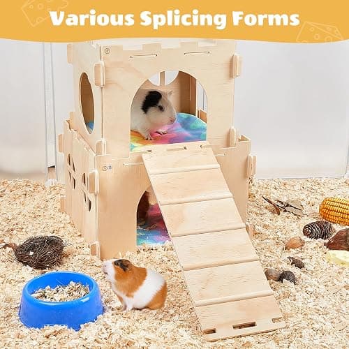 BeBeJoJo Meerschweinchen Versteck Aus Holz,2 Häuser,55x25x20cm,Meerschweinchen Haus Mit Rampe Kaninchenhaus für Kleine Haustiere thumbnail 6