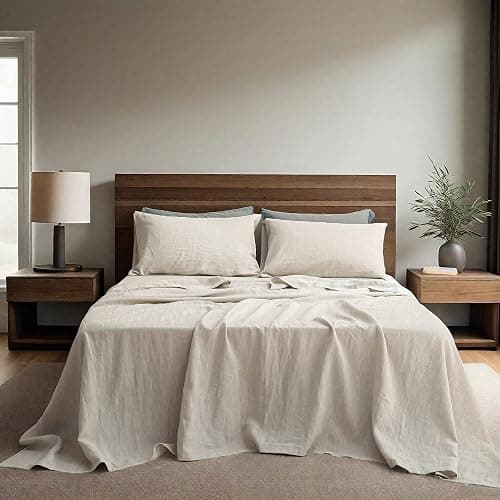 Simple&Opulence 100% Linen Sheets Queen Size Set, 4 Pcs Natural French Linen Bed Sheets, Breathable Soft Durable Bedding Set for All Season (Linen, Queen) - Image 1