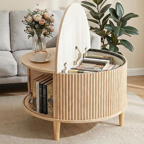 DUMOS Coffee Table, Round Coffee Tables with Storage, Fluted Center Table for Living Room, 31.69" Mid Century Modern Table with Sliding Cabinet Door, 2-Tier Rustic Wood Desktop, Wood - Image 1