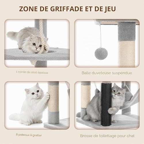 Fobyfurny Arbre à Chat XXL, 220 cm, avec Grande Grotte, Gris Clair | 3 Perchoirs, 8 Griffoirs, Hamac, Panier, Poteau de Toilettage, Corde Épaisse en Sisal Usage Intérieur FPMS011FG1 thumbnail 7