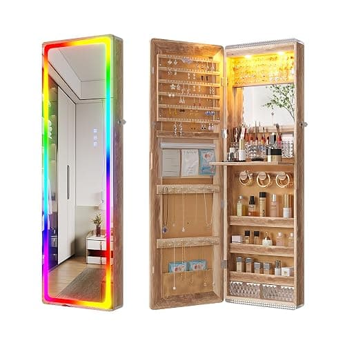 HNEBC LED Mirror Jewelry Cabinet with RGB Lights,47.2" Wall Mounted Jewelry Organizer with Full-Length Mirror,Over The Door Hanging Jewelry Armoire Storage Cabinet,Folding Dresser,2 Drawers,Lockable - Image 1
