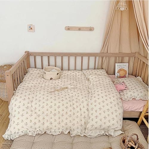 BuLuTu Muslin Cotton Toddler Duvet Cover Soft Double Layers Gauze Bedding Duvet Covers for Toddler Girls Kids Quilt Cover, 47"x59", Azalea Print (No Pillow Cases) thumbnail 3