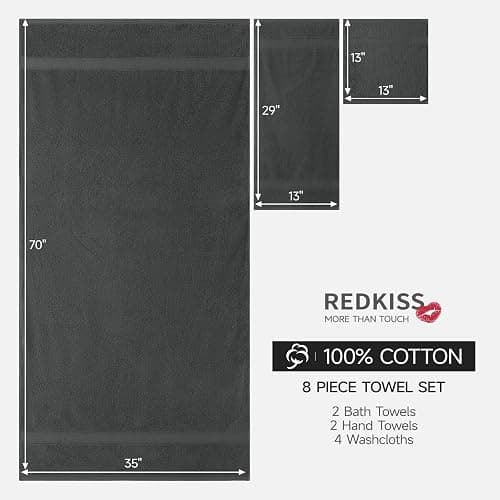 REDKISS Towels 8 Piece Luxury Bath Towel Set, 2 Bath Sheets (35x70 in), 2 Hand Towels, 4 Washcloths, 100% Cotton Super Absorbent & Quick-Dry Shower Towels for Bathroom Spa Gym Hotel Yoga - Grey thumbnail 3