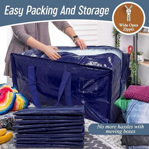 6 Pack Extra Heavy Duty Large Moving Bags with Strong Zipper & Comfortable Handles, Sturdy & Durable Clothes Storage Bags Totes Bins, Blue Packing Moving Boxes for College Supplies, Dark Blue thumbnail 5
