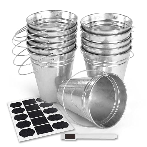 Colorlaza Galvanized Metal Bucket with Handle 12 Pcs- Metal Buckets for Party, Tin Buckets with erasable Stickers and Chalk Marker Silver Bucket 4.7" W x 5" H x 2.7" L - Image 1