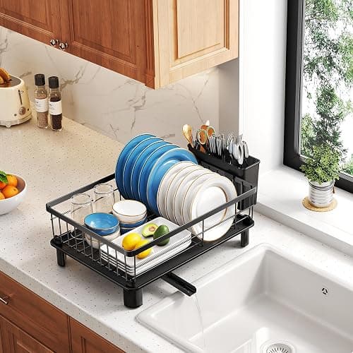 SNTD Dish Drying Rack - Small Dish Rack for Kitchen Counter, Stainless Steel Dish Drainer with Utensil Holder and Drainboard, 11" W x 15" L (Black) thumbnail 9