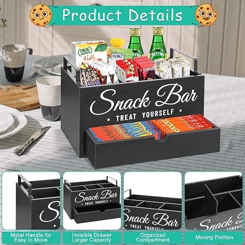Snack Organizer for Countertop, Wood Pantry Storage Bins with Handles, Snack Bar Organizer for Kitchen, Office, 4 Compartment Food Container Snack Box with Drawer, Pantry Organizer for Chips, Candy thumbnail 7