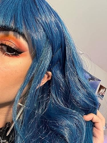 Netgo Teal Wig for Women, Dark Blue Wig with Bangs, Long Fluffy Curly Wavy Blue Hair Wigs for Girl Synthetic Daily Cosplay Party Wigs - Dark Blue thumbnail 4