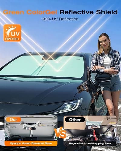 Windshield Sun Shade for Car, Cooling Car Windshield Shade, 99% UV Protection & Heat Insulation, Green & Beige Sunshade with Storage Bag, V-Cut Mirror Opening for Cars SUVs Trucks Vans,Medium 64"*32" thumbnail 5