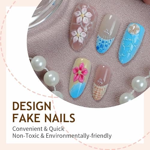 BABALAL Press on Nails Medium Almond Fake Nails Summer Beach Glue ons Blue Yellow 3d Texture Flower Sea Shell Design Handmade Supplies 24Pcs Full Cover Acrylic False Nails with Charm thumbnail 2