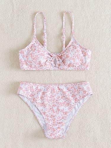 COZYEASE Girls' 2 Piece Ditsy Floral Print Knot Front Ruched Triangle Bikini Swimsuit thumbnail 5