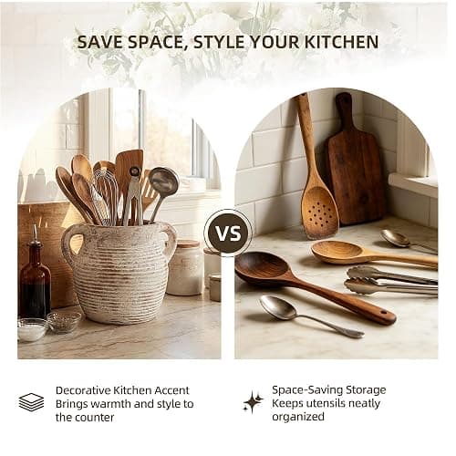 CWFutwell Rustic Utensil Holder for Kitchen Counter - Large Ceramic Farmhouse Cooking Utensil Crock & Organizer for Spatula, Spoon - Vintage Kitchen Decor (Taupe) thumbnail 7
