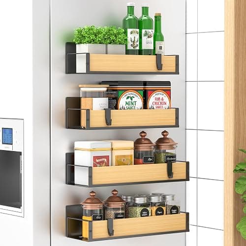 HuggieGems 4 Pack Magnetic Spice Storage Rack Organizer for Refrigerator and Oven, Wood Fridge Organizers and Storage - Image 1