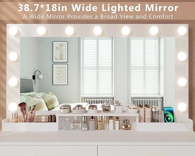 HUAHUU Makeup Vanity Desk with Lights, Vanity Desk with Large Mirror, White Vanity with Outlets Large Drawers & Storage, 3 Lighting Color Adjustable, Bedroom Dressing Table thumbnail 4