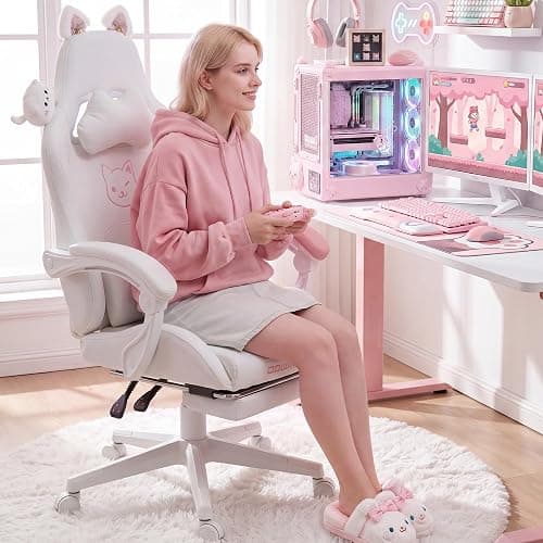 Dowinx Gaming Chair with Cat Ears and Massage Lumbar Support, Ergonomic Computer Chair with Footrest and Headrest, Comfortable Reclining Game Chair 290lbs for Adults, White thumbnail 3