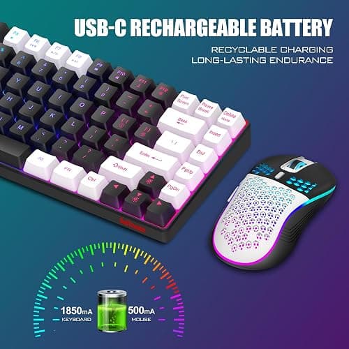 RedThunder K84 Wireless Keyboard and Mouse Combo, Rainbow Backlit Rechargeable Battery, 75% Layout TKL Ultra Compact Gaming Keyboard & Lightweight 3200 DPI Honeycomb Optical Mouse (Black-White) thumbnail 5
