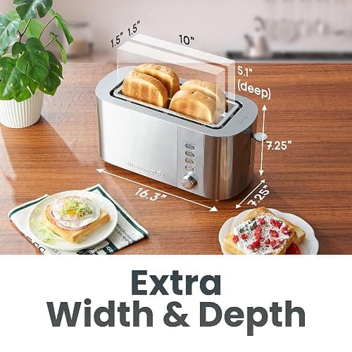 Elite Gourmet ECT4123X Long Slot 4 Slice Toaster, Extra Wide 1.5" and 5.1" Deep Slots, Bagel, Defrost & Cancel Functions, 6 Toast Shade Settings, Fits Bagels, Waffles, Artisan Breads, Stainless Steel thumbnail 2