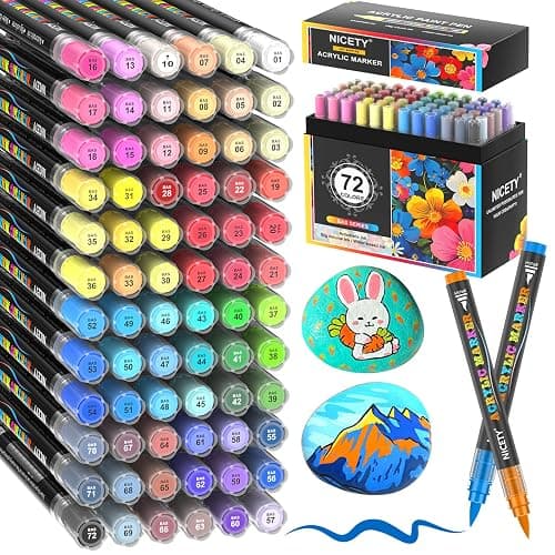 NICETY 72 Colors Acrylic Paint Markers – Water-Based Acrylic Paint Pens with Brush Tip (1–6mm) and Automatic Ink Control for Rock, Fabric, Wood, Glass, Canvas, and Crafts - Image 1