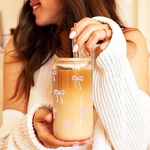 BIPEDS Coquette Cute Pink Bow Glass Cups with Lids and Straws, Aesthetic Iced Coffee Cup, Girly Preppy Design Tumbler Mug, Birthday Valentines Christmas Gifts for Women, Teen Girl Gifts Trendy Stuff thumbnail 3