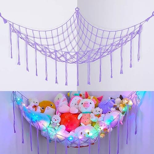 Basumee Stuffed Animals Net or Hammock with LED Light, Hanging Stuffed Animals Storage Toy Hammock Net Corner Wall Girls Room Decor Toy Storage Organizer, Purple, L thumbnail 8