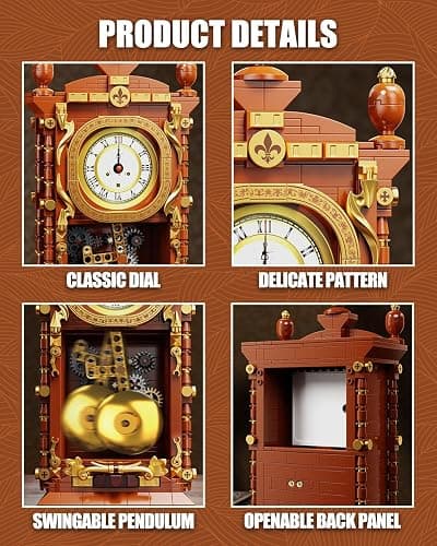 TYCOLE Vintage Pendulum Clock Building Block Set, Stem Toy with Real Clock Function and Linkable Mechanical Pendulum, Unique Home Decoration and Collectible for Adults&Kids 6+ thumbnail 5