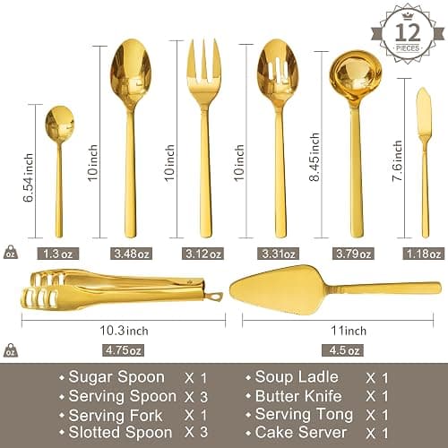 KINGSTONE Large Hostess Gold Serving Utensils Set, 18/10 Stainless Steel -10 inch Serving Spoons, Slotted Spoons, Forks, Tongs, Cake Pie Server, Butter Knife, Sugar spoon for Buffet, Wedding, Party thumbnail 3