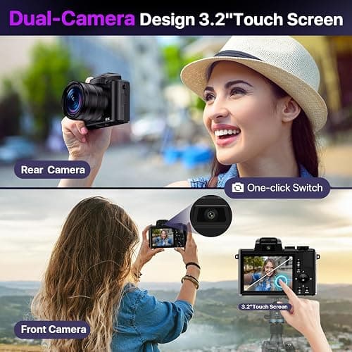 8K Digital Cameras for Photography with WiFi,Autofocus 88MP Vlogging Camera for YouTube with Dual-Lens,16X Digital Zoom Point and Shoot Camera,3.2''Touch Screen, Anti-Shake,2 Batteries &Charging Stand thumbnail 6