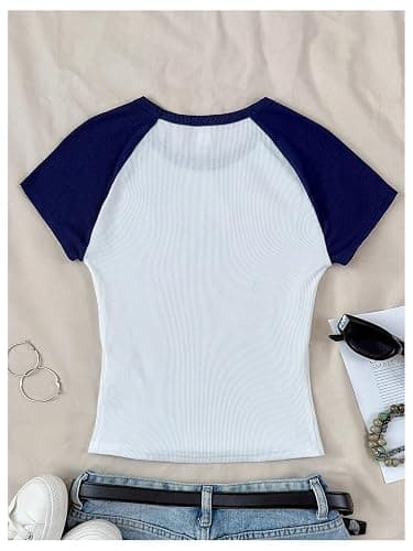 RoseSeek Girl's Star Patchwork Color Block Crop Tops Short Sleeve Crew Neck Ribbed T Shirts thumbnail 3