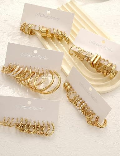 30 Pairs Gold Hoop Earrings Set for Women, Hypoallergenic Pearl Twisted Statement Hoops Multipack, Small to Chunky Hoop Earrings for Women Trendy Jewelry Gifts thumbnail 6