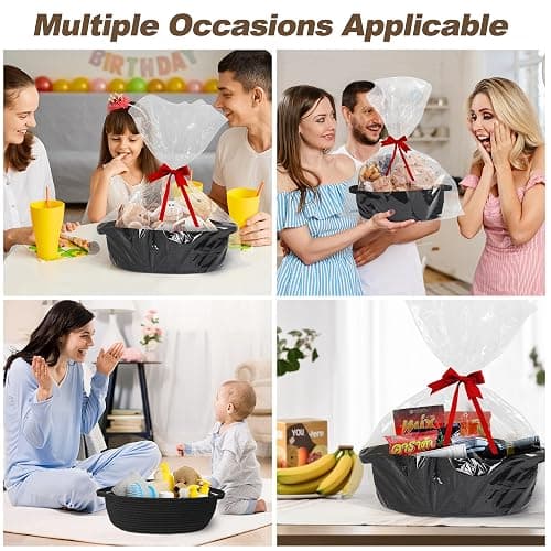 WILLITAT Small Baskets for Gifts Empty, 13"x 9"x 5" Woven Gift Basket with Bag and Ribbon, Cotton Rope Kids Dog Cat Toy Bin Box, Cute Baby Nursery Organizer, Decorative Storage with Handles (Black) thumbnail 7