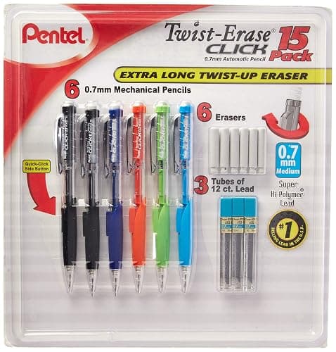 Pentel Twist-Erase Click Mechanical Pencils 0.7mm, HB #2, School Supplies, Teacher Supplies, Drawing Sketching pencils, Assorted Barrel Colors- 6 Mechanical Pencils, 6 Erasers, 3 Tubes of Lead Refills - Image 1