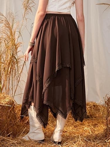 Verdusa Women's Y2k Goth Skirts Western Boho Lace Trim Asymmetrical Country Flowy Long Skirt thumbnail 2