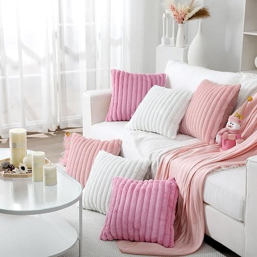 Mixweer 6 Pcs Back to School Faux Fur Plush Throw Pillow Covers 18x18 Inch | Pastel Fluffy Decorative Striped Pillow Covers with Velvet Back for Sleepover Slumber Party Tent, Sofa, Classroom Home Decor thumbnail 6