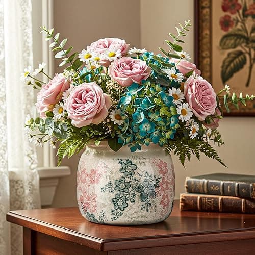 Ninehaoou Vintage Planter Large Ceramic Plants Pot Green Pink Rose Ice Cottage Scroll Vase Flower Vase Pot Indoor Plants Home Decor Farmhouse Antique Decorative Gifts | Ice Cottage Scroll Vase Flower Vase Pot Indoor Plants Home Decor Farmhouse Antique Decorative Gifts thumbnail 2