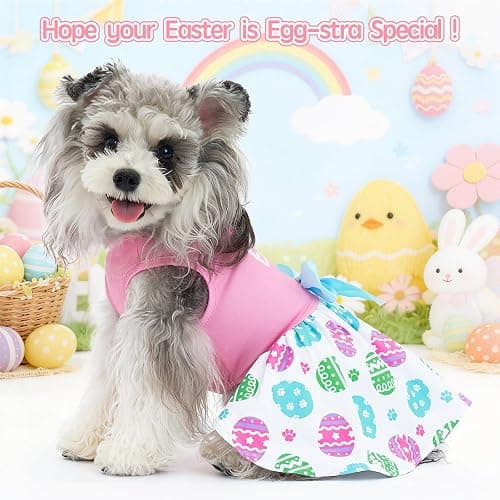 XPUDAC 4 Pack Mother's Day Dog Dress with Bowknot Cute Dog Clothes Puppy Skirt Bunny Egg Mommy Floral Holiday Pet Outfit for Girls, L thumbnail 6