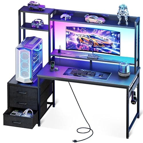Casaottima 48 Inch Gaming Desk with Hutch & 3 Fabric Drawers, Computer Desk with USB Ports & LED Lights, Reversible Pc Gamer Table with Monitor Stand for Home Office, Carbon Fiber Black - Image 1