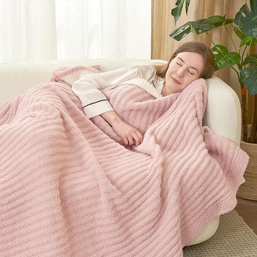 Snuggle Sac Fluffy Ribbed Pink Blanket Twin Size, Soft Luxurious Knit Throw, Fuzzy Plush Microfiber Blankets for Couch, Sofa, Bed, Pink, 60x80 inches thumbnail 5