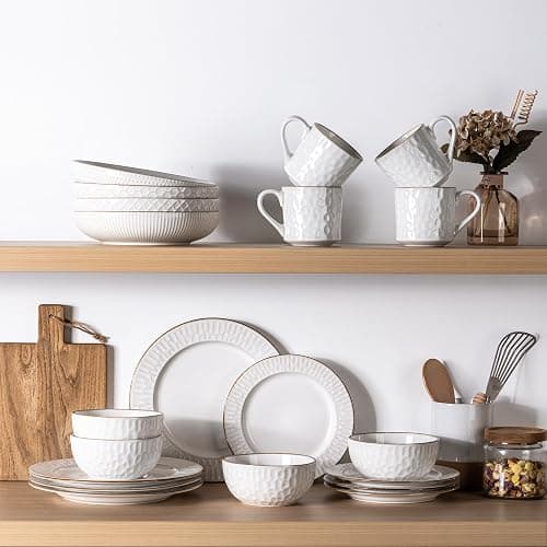 GBHOME Ceramic Dinnerware Sets,12 pcs Embossed Elegant Stoneware Plates and Bowls Sets, Housewarming Wedding Gift | Dishwasher & Microwave Safe | Dishes Set Service for 6 thumbnail 6