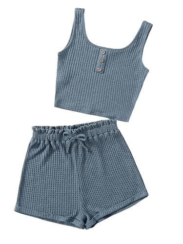 RoseSeek Girl's 2 Piece Outfits Waffle Knit Scoop Neck Button Down Crop Tank Tops Paperbag Waist Track Shorts thumbnail 5