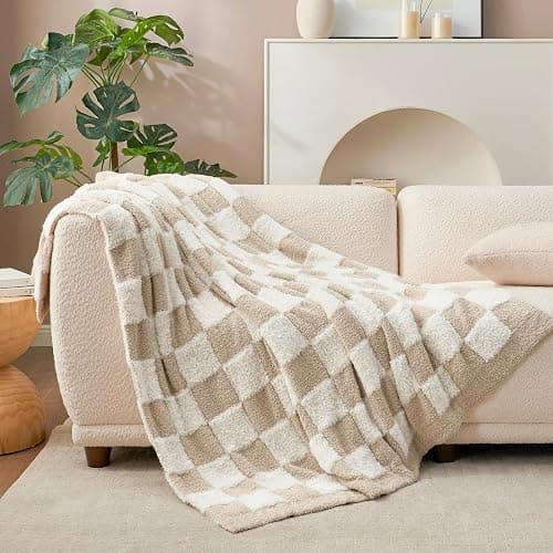 Snuggle Sac Checkered Throw Blanket Faux Fur Microfiber Blankets for Couch,Cozy Soft Warm Blanket for Sofa Bedroom Living Room,Beige Checker,50x60 inches thumbnail 4