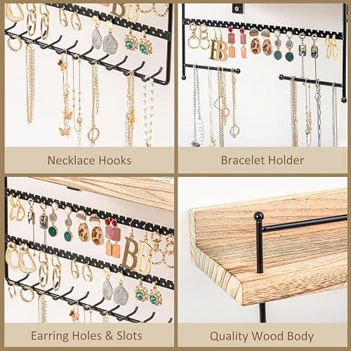 Lolalet Hanging Jewelry Organizer Wall Mount with Earrings, Bracelets, Necklaces Hooks - Easy Install Free Combination Jewelry Holder for Wall Bathroom - Set of 2, Black thumbnail 6