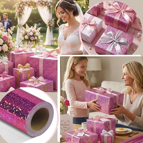 woric Pink Wrapping Paper Roll 17 Inch x 33 Feet Metallic Holographic Point Gift Wrapping for Girls Party, Mother's Day Wedding, Bridal Shower, Birthday, Baby Shower thumbnail 5