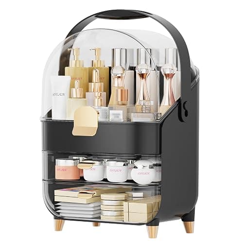 Makeup Organizer Countertop, Skincare Holder Bathroom Counter Organizer, Storage Box Cosmetic Display Cases, Teen Girl Gifts Make up Organizers for Vanity, Dresser (Black) thumbnail 9