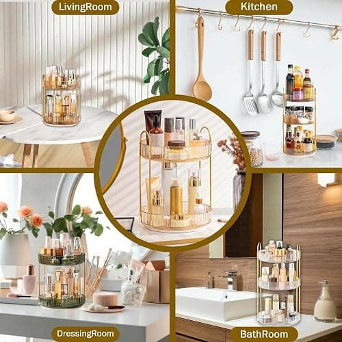 Cnwinu Make Up Organizer Drehbar,Schminktisch Organizer Rund,badezimmer organizer,Parfüm Regal,Beauty Organizer,Kosmetik Organizer für Kosmetik Skincare Parfum (2 Schichten Champagnergold) thumbnail 6