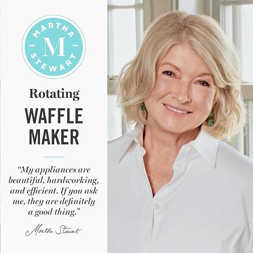 Martha Stewart Rotating Waffle Maker, Ceramic Nonstick Plates, Linen Cream | PFAS-Free Ceramic Nonstick 1" Deep Plates, 180° Flip for Even Browning, Classic Round Waffles, Crisp Level Timer, Drip Tray thumbnail 3