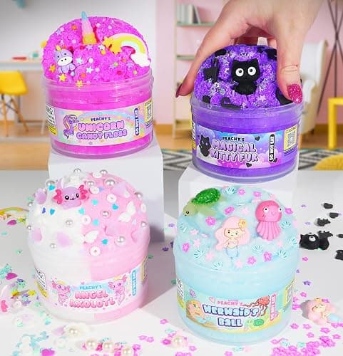 Peachybbies Slime 4-Pack Fantasy Bundle, Unicorn Candy Floss, Mermaid's Ball, Angel Axolotl, Magical Kitty Fur, Includes Slime Activator, Easter Basket Stuffers, Sensory Toys for Kids, Made in USA thumbnail 7
